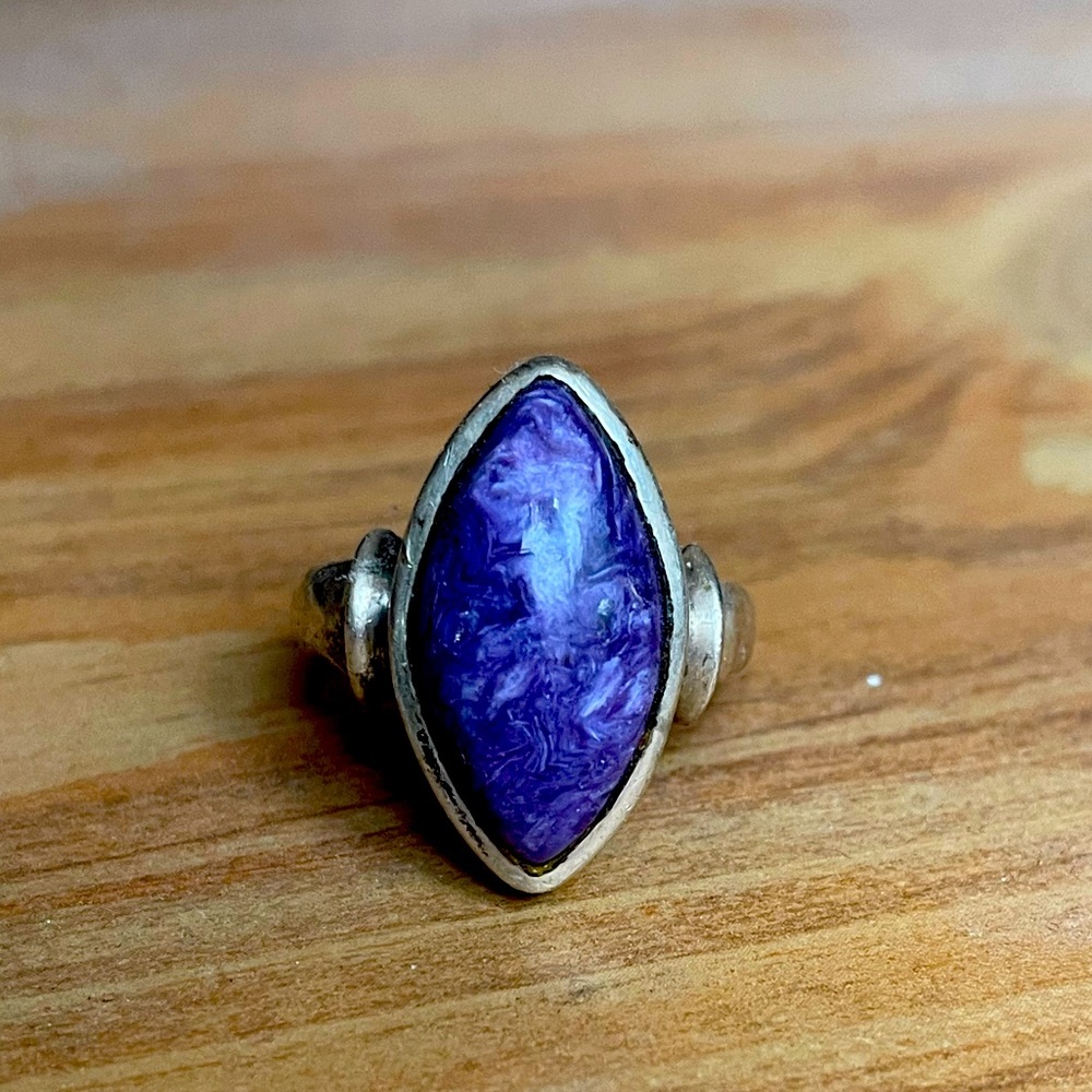 Stainless steel silver Purple Charoite Gemstone ring size 10